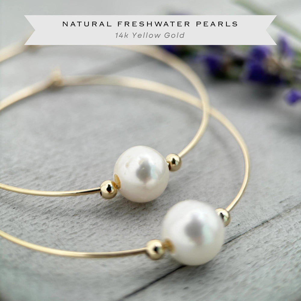 Freshwater Pearl Earrings - 14k Yellow Gold Large Hoops - Wedding Statement Lightweight Jewelry - SunlightSilver