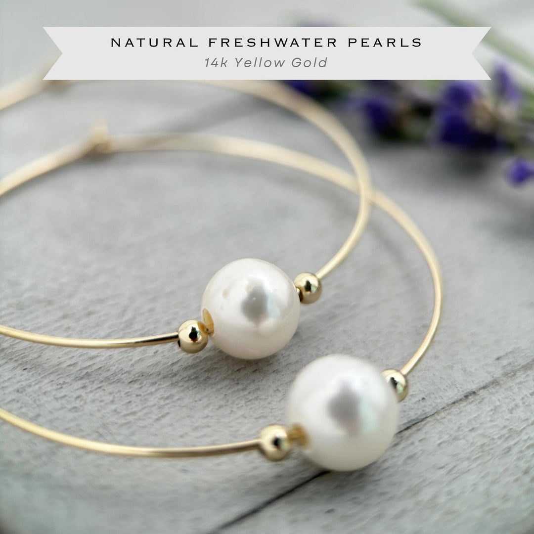 Freshwater Pearl Earrings - 14k Yellow Gold Large Hoops - Wedding Statement Lightweight Jewelry - SunlightSilver