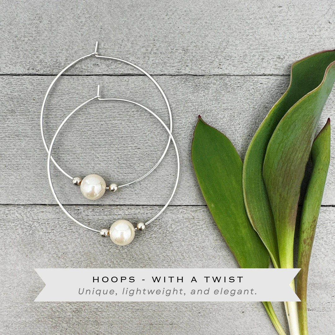 White Pearl Earrings | Sterling Silver Large Hoops | Freshwater Pearls, June Birthstone Gift - SunlightSilver