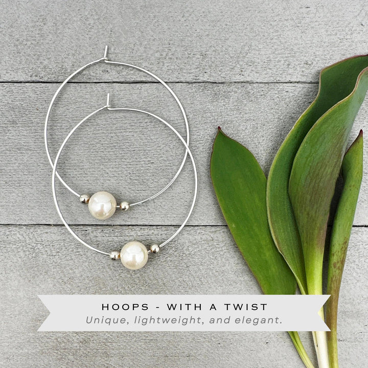 White Pearl Earrings | Sterling Silver Large Hoops | Freshwater Pearls, June Birthstone Gift - SunlightSilver