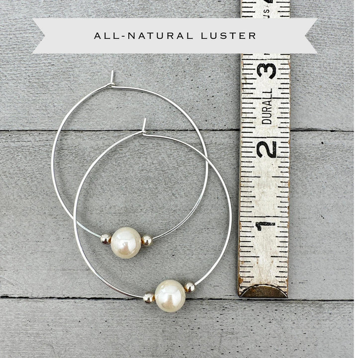White Pearl Earrings | Sterling Silver Large Hoops | Freshwater Pearls, June Birthstone Gift - SunlightSilver