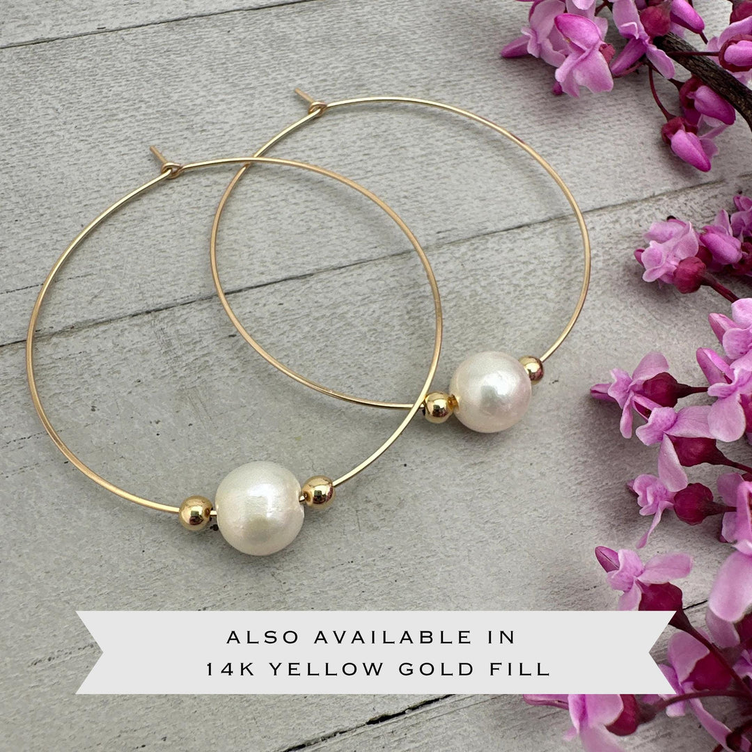 White Pearl Earrings | Sterling Silver Large Hoops | Freshwater Pearls, June Birthstone Gift - SunlightSilver