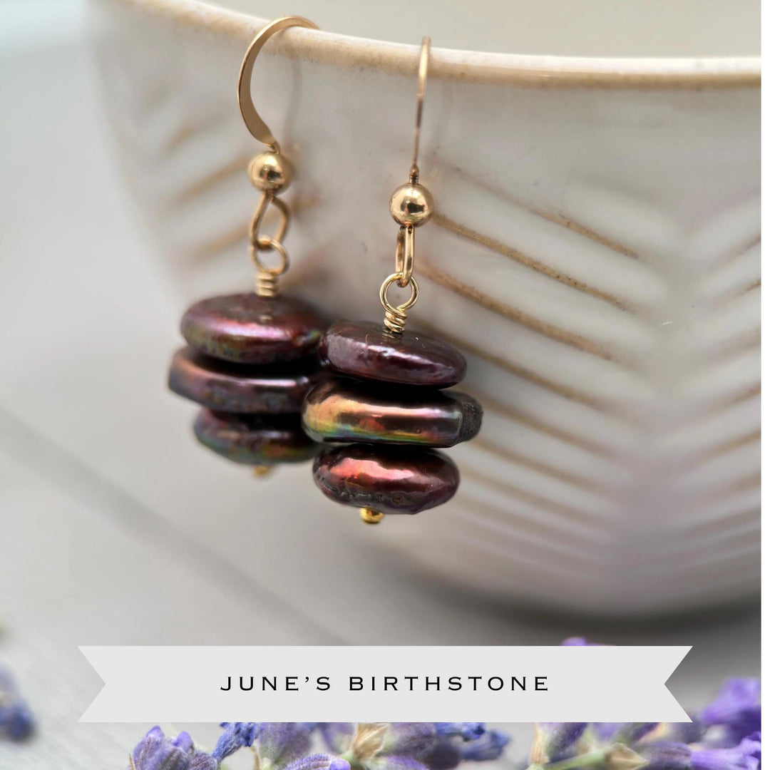 Brown Freshwater Pearl and 14k Yellow Gold OR Solid 925 Sterling Silver Earrings - Peacock, Rainbow Colors - SunlightSilver