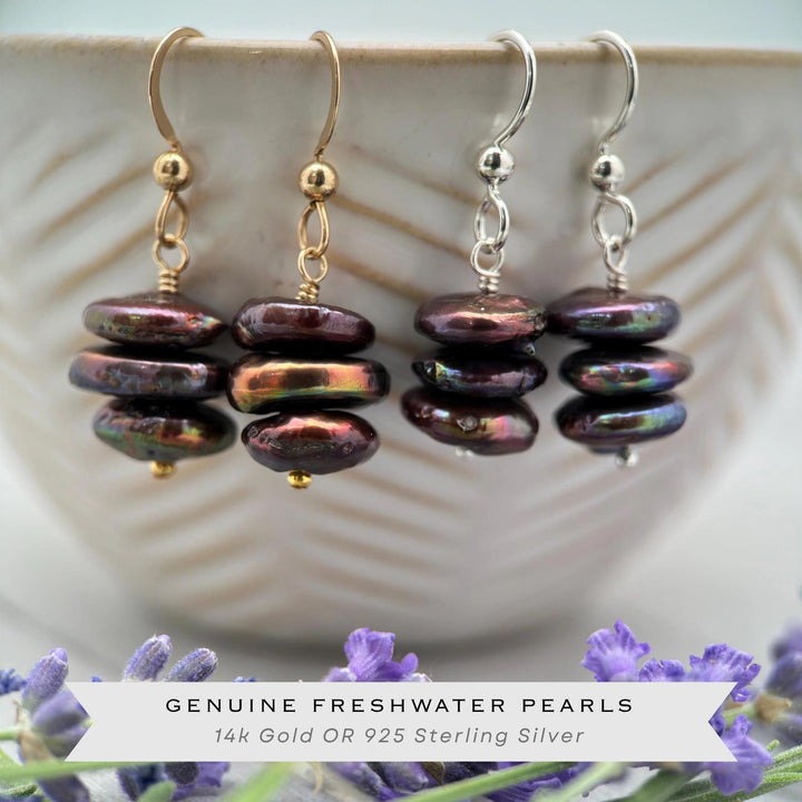 Brown Freshwater Pearl and 14k Yellow Gold OR Solid 925 Sterling Silver Earrings - Peacock, Rainbow Colors - SunlightSilver