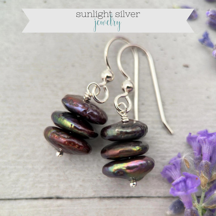 Brown Freshwater Pearl and 14k Yellow Gold OR Solid 925 Sterling Silver Earrings - Peacock, Rainbow Colors - SunlightSilver