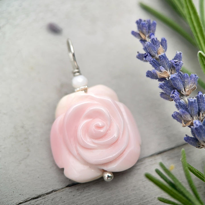 Pink Queen Conch Shell Pendant | Carved Flower with Solid 925 Sterling Silver Bail | Ocean Inspired Handmade Floral Jewelry - SunlightSilver