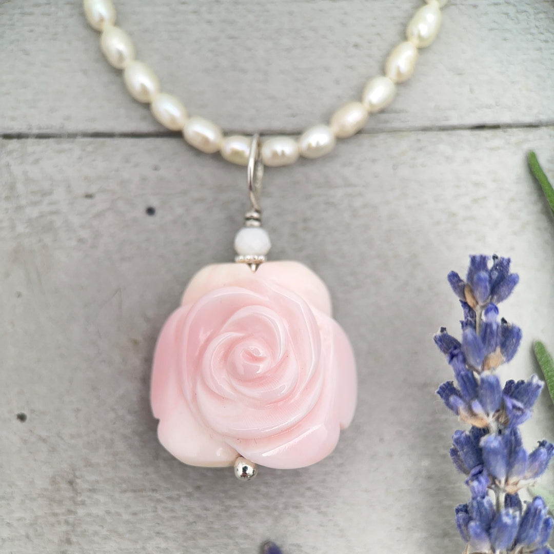 Pink Queen Conch Shell Pendant | Carved Flower with Solid 925 Sterling Silver Bail | Ocean Inspired Handmade Floral Jewelry - SunlightSilver