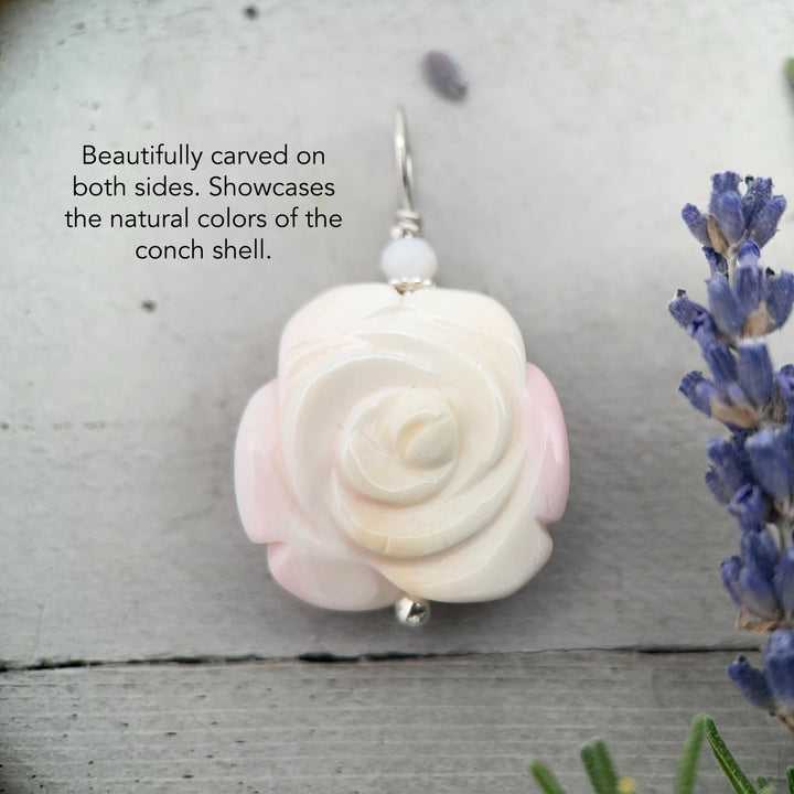 Pink Queen Conch Shell Pendant | Carved Flower with Solid 925 Sterling Silver Bail | Ocean Inspired Handmade Floral Jewelry - SunlightSilver