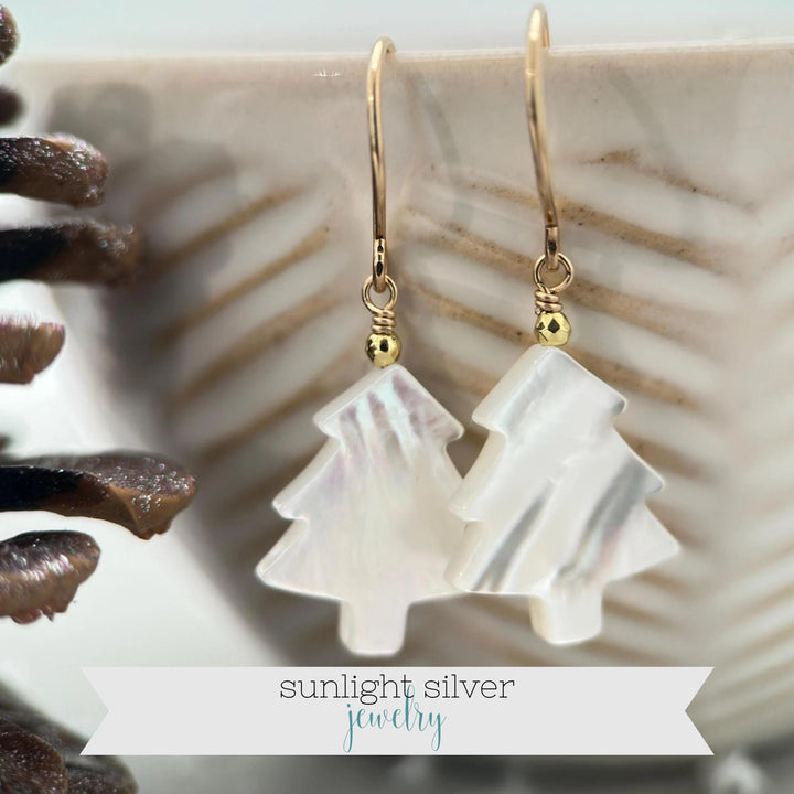 Snowy White Mother of Pearl Christmas Tree Earrings | Festive Holiday Winter Earrings Gift | Sterling Silver or Gold Filled - SunlightSilver