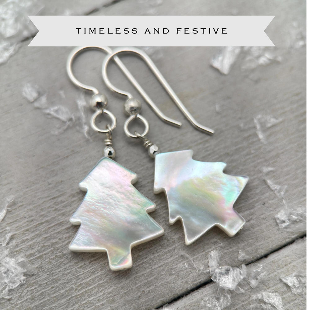 Snowy White Mother of Pearl Christmas Tree Earrings | Festive Holiday Winter Earrings Gift | Sterling Silver or Gold Filled - SunlightSilver