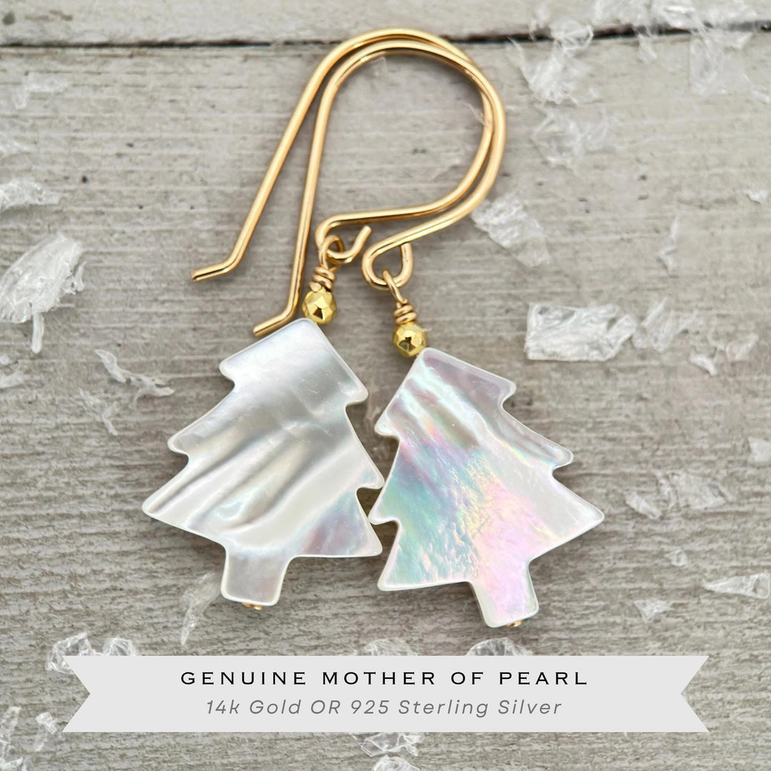 Snowy White Mother of Pearl Christmas Tree Earrings | Festive Holiday Winter Earrings Gift | Sterling Silver or Gold Filled - SunlightSilver