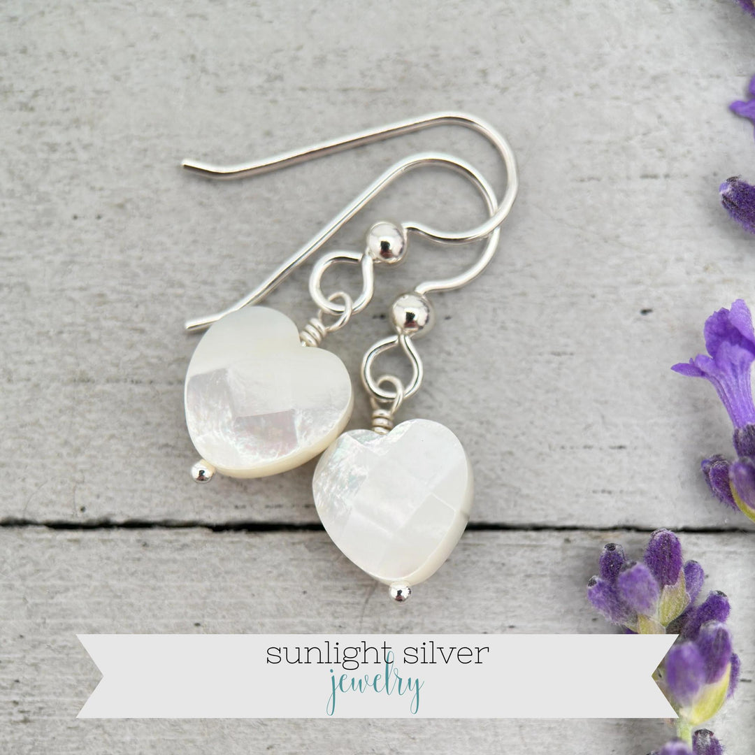White Mother of Pearl Heart - Sterling Silver Earrings - SunlightSilver