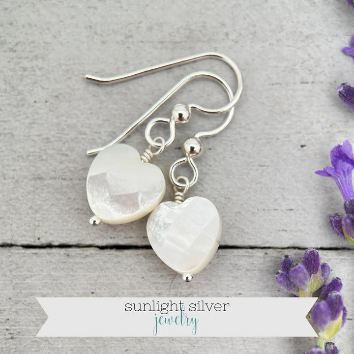 White Mother of Pearl Heart - Sterling Silver Earrings - SunlightSilver