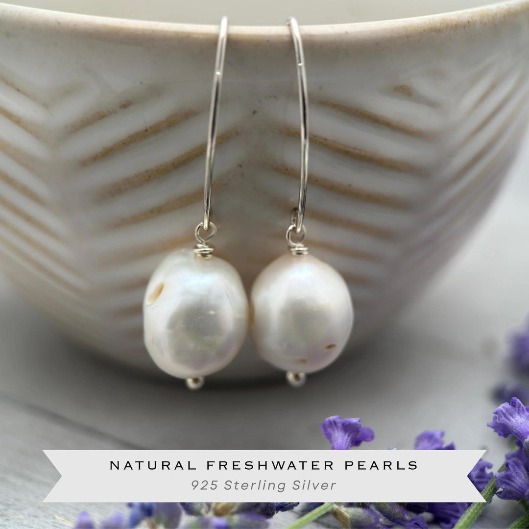 White Baroque Pearl Earrings - Solid 925 Sterling Silver - Unique, Large 13-17mm Freshwater Pearls - SunlightSilver