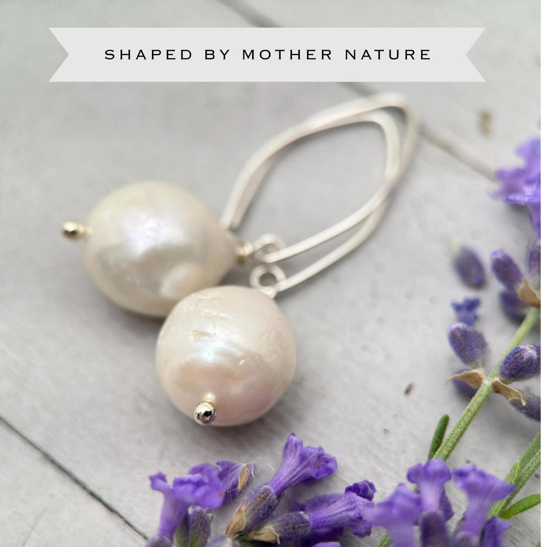 White Baroque Pearl Earrings - Solid 925 Sterling Silver - Unique, Large 13-17mm Freshwater Pearls - SunlightSilver