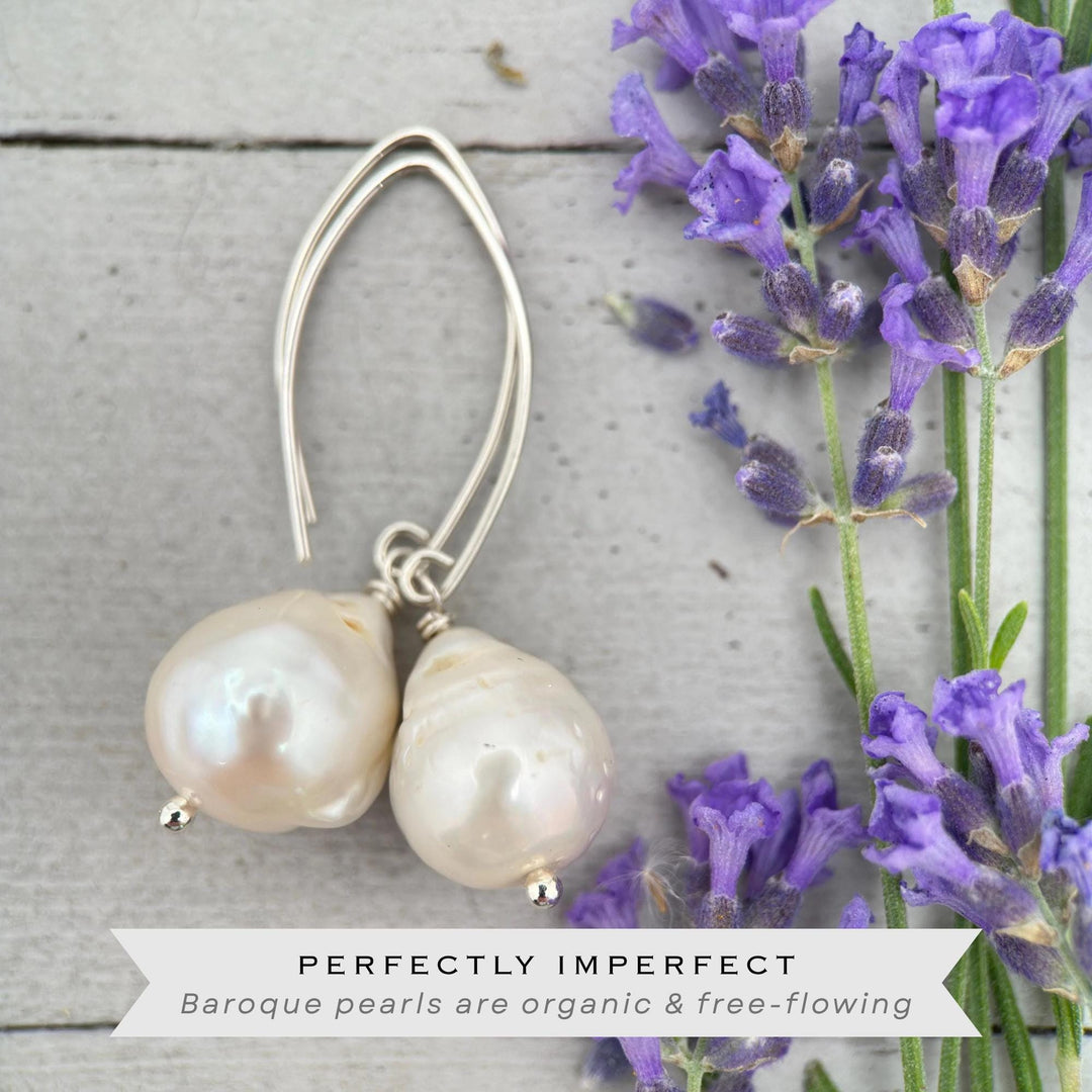 White Baroque Pearl Earrings - Solid 925 Sterling Silver - Unique, Large 13-17mm Freshwater Pearls - SunlightSilver