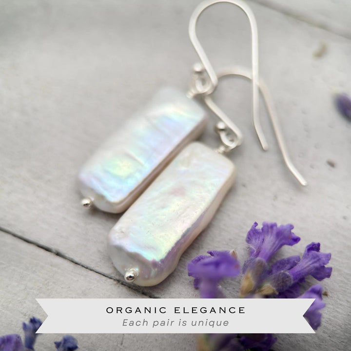 White Rectangle Pearl Earrings – Freshwater Pearls & Solid 925 Sterling Silver - Large, Thick, Lustrous Nacre and Orient - SunlightSilver