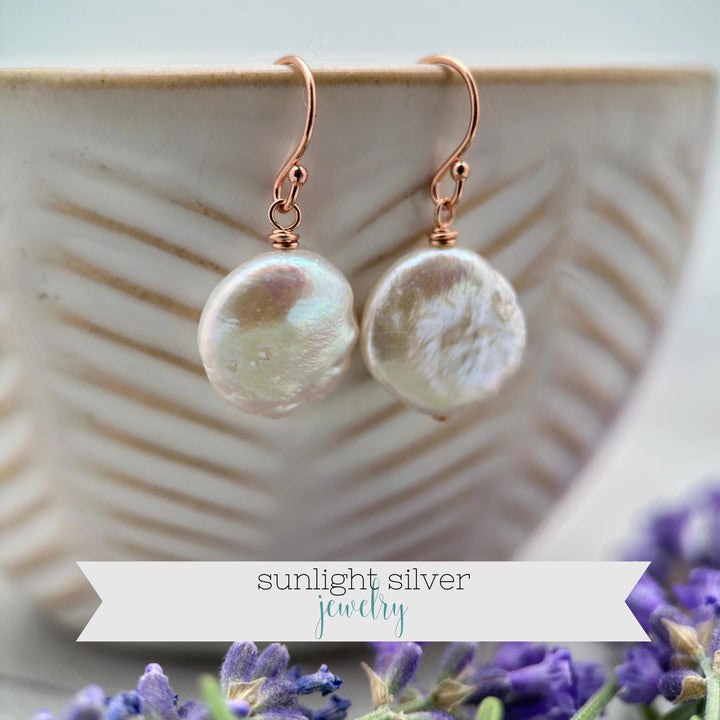 White Coin Pearl Earrings - 14k Rose Gold Fill - Baroque, Metallic, Iridescent Rainbow Colors - SunlightSilver