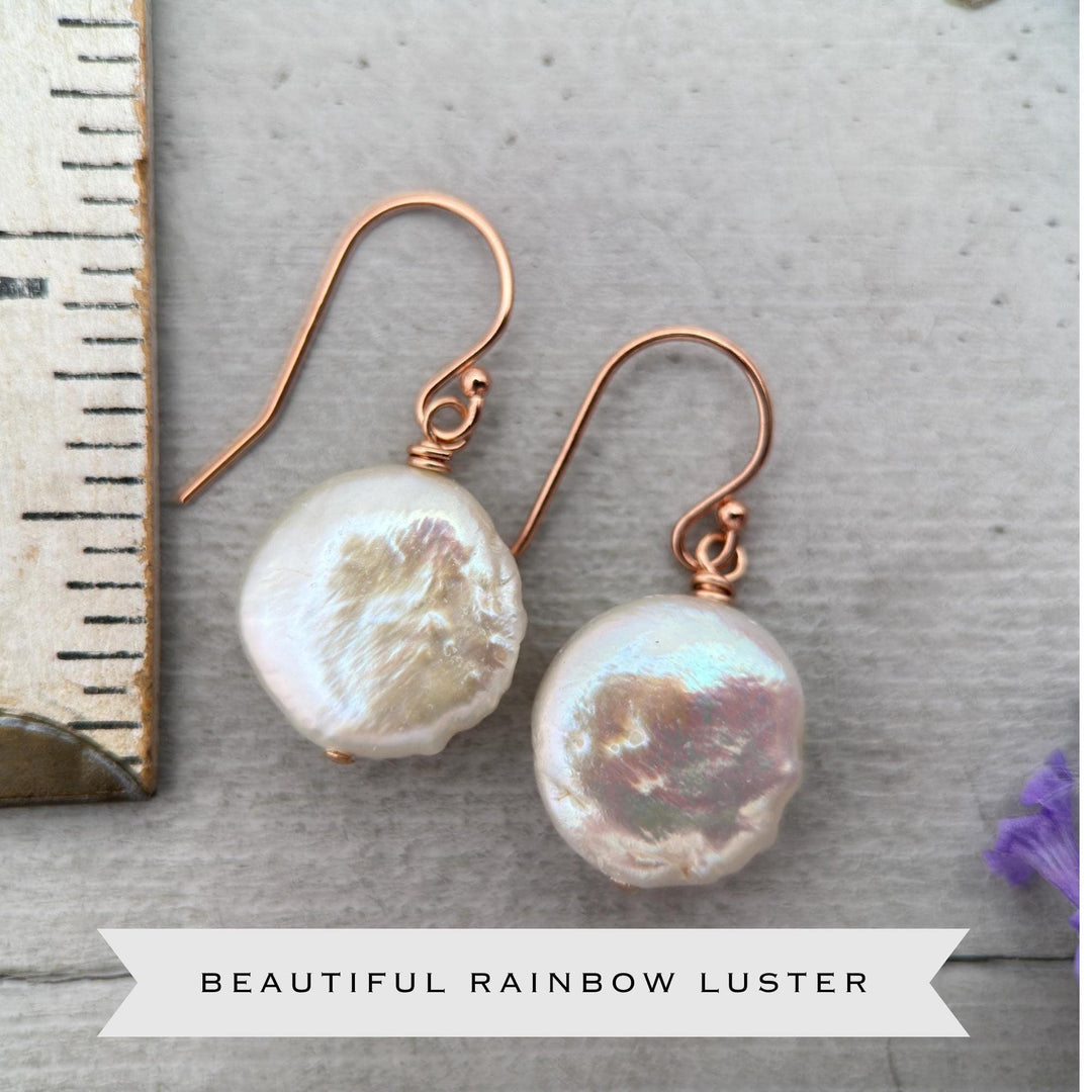 White Coin Pearl Earrings - 14k Rose Gold Fill - Baroque, Metallic, Iridescent Rainbow Colors - SunlightSilver