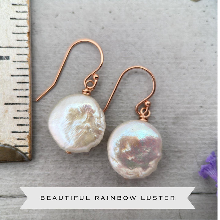White Coin Pearl Earrings - 14k Rose Gold Fill - Baroque, Metallic, Iridescent Rainbow Colors - SunlightSilver
