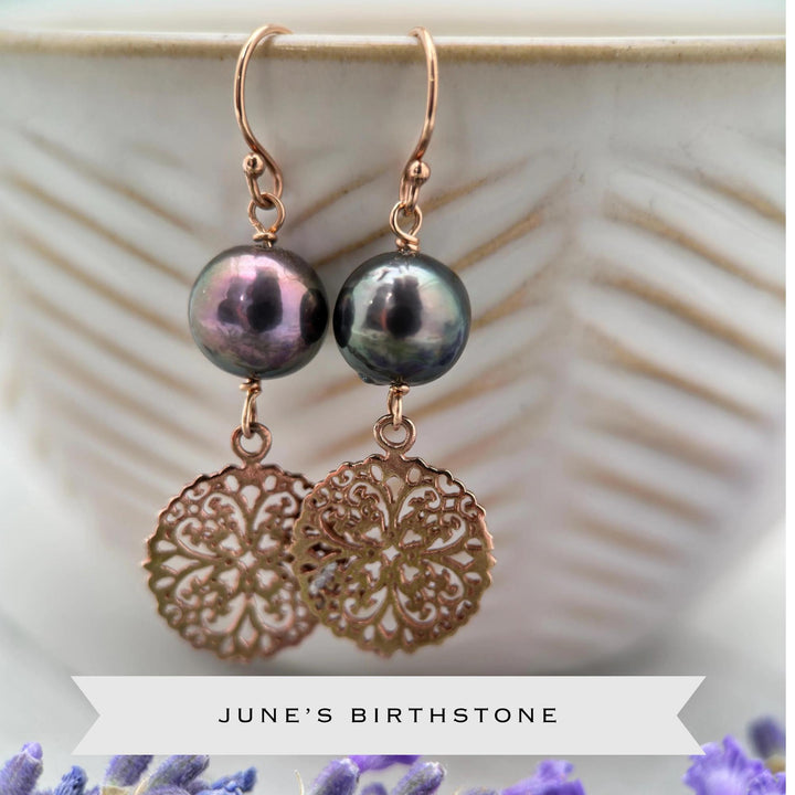 Peacock Pearl Charm Earrings – Sterling Silver, Rose Gold Fill, or Yellow Gold Fill - Lightweight Long Dangle - Limited Edition - SunlightSilver