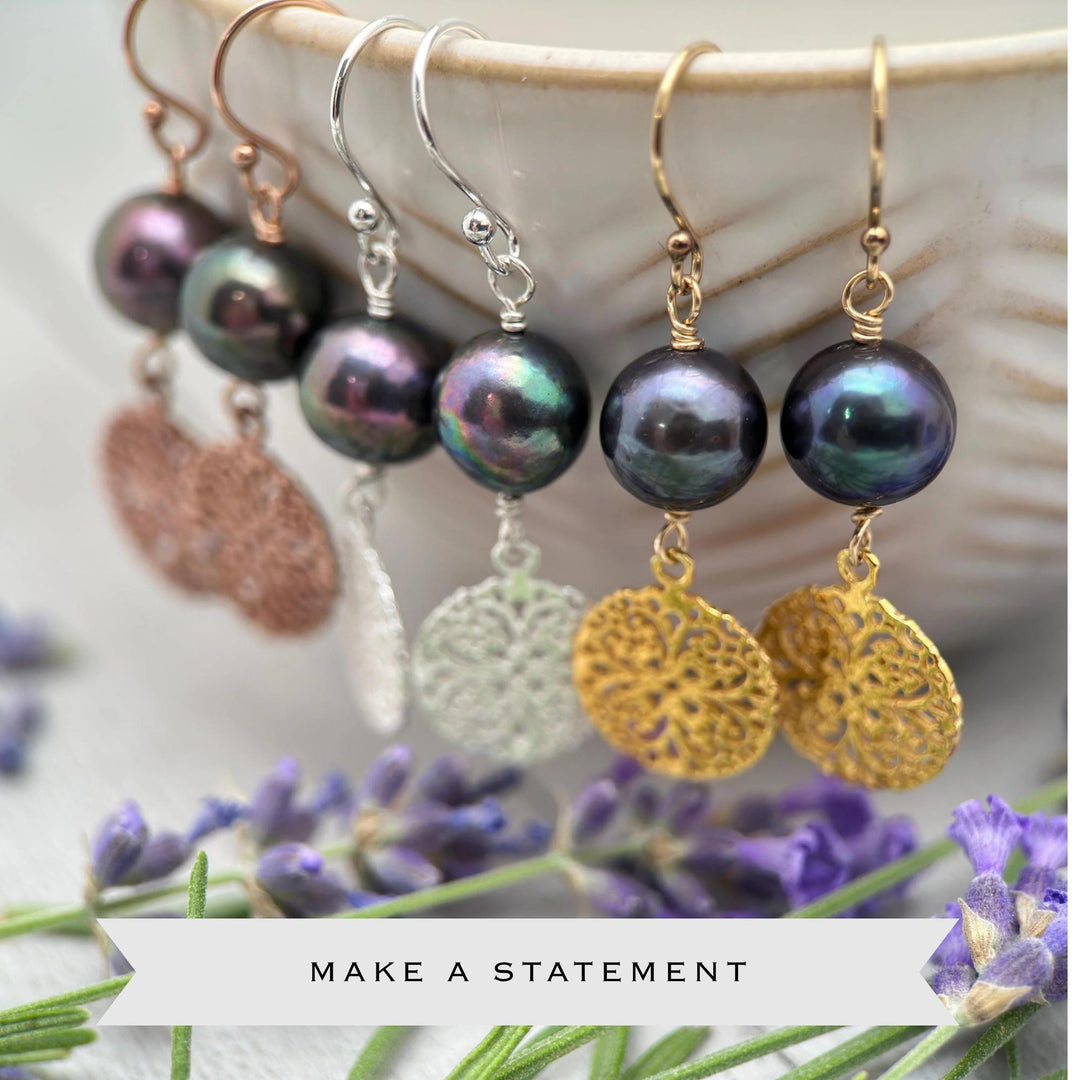 Peacock Pearl Charm Earrings – Sterling Silver, Rose Gold Fill, or Yellow Gold Fill - Lightweight Long Dangle - Limited Edition - SunlightSilver