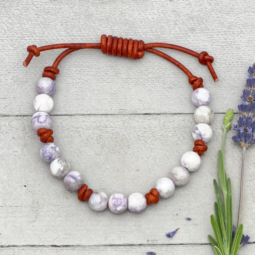 Tiffany Jasper Bracelet - Leather, Purple Gemstone Stacking Layering Jewelry - SunlightSilver