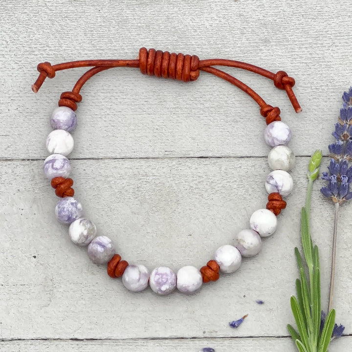 Tiffany Jasper Bracelet - Leather, Purple Gemstone Stacking Layering Jewelry - SunlightSilver