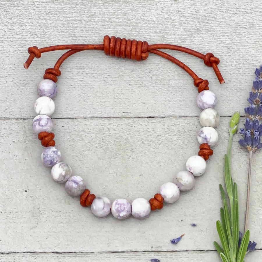 Tiffany Jasper Bracelet - Leather, Purple Gemstone Stacking Layering Jewelry - SunlightSilver