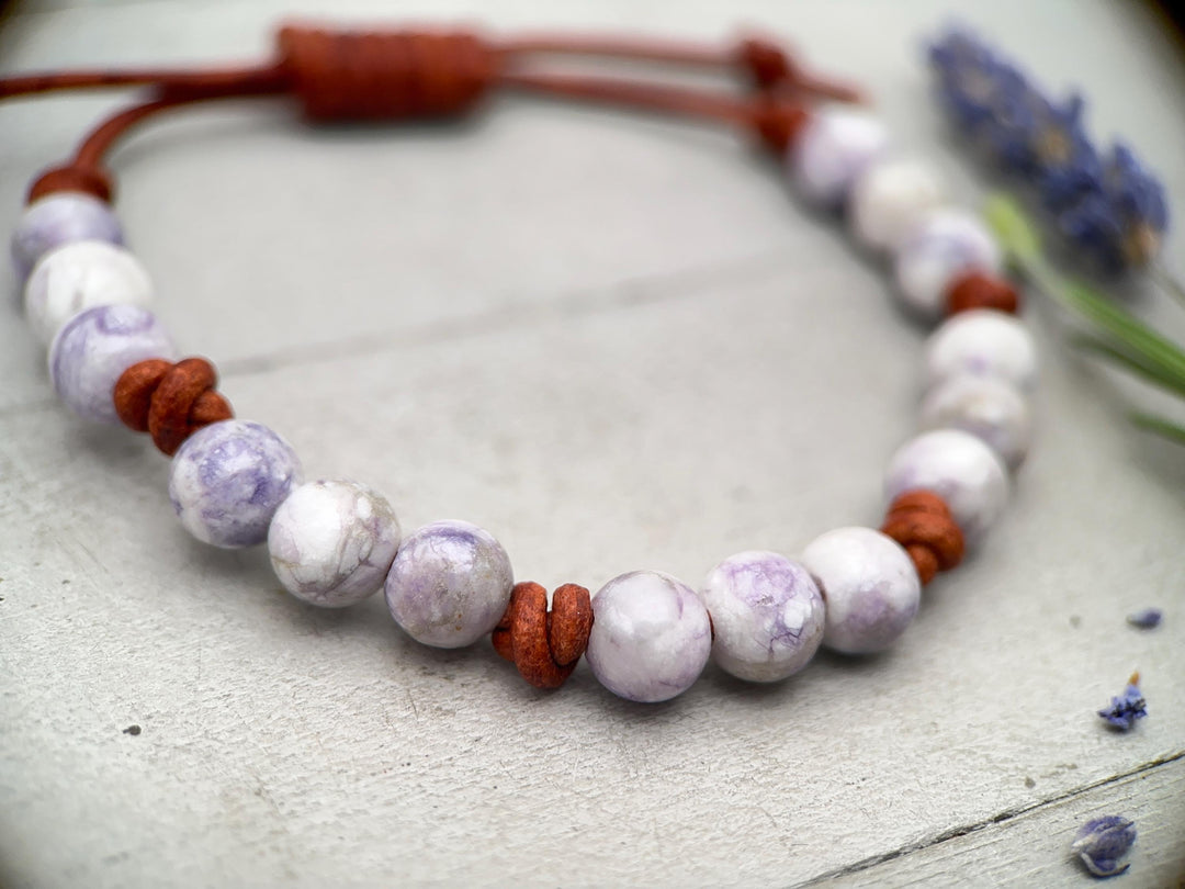 Tiffany Jasper Bracelet - Leather, Purple Gemstone Stacking Layering Jewelry - SunlightSilver
