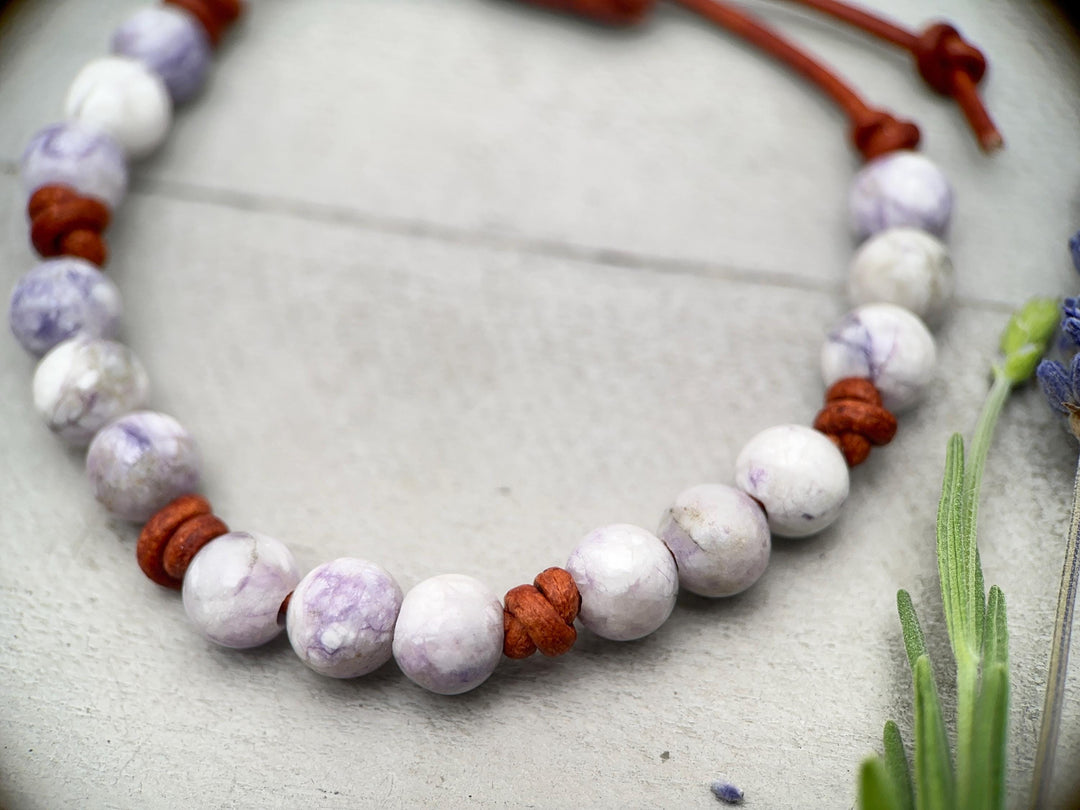 Tiffany Jasper Bracelet - Leather, Purple Gemstone Stacking Layering Jewelry - SunlightSilver