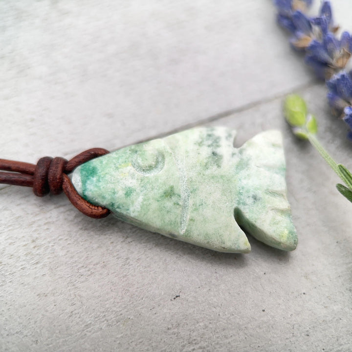 Jade Fish Necklace - Carved Green Jade & Rustic Brown Leather Necklace -Gift for Him or Her - SunlightSilver