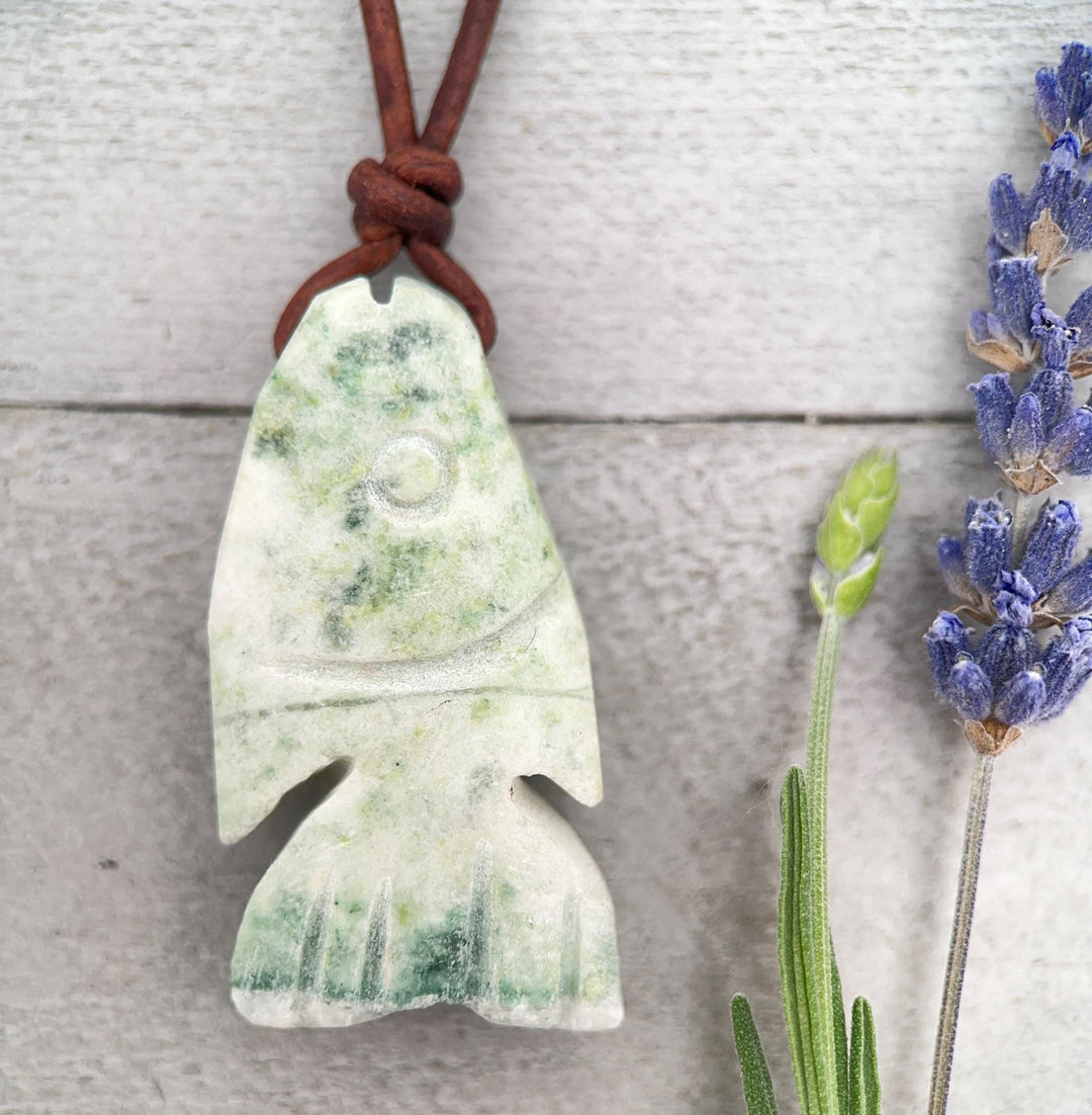 Jade Fish Necklace - Carved Green Jade & Rustic Brown Leather Necklace -Gift for Him or Her - SunlightSilver