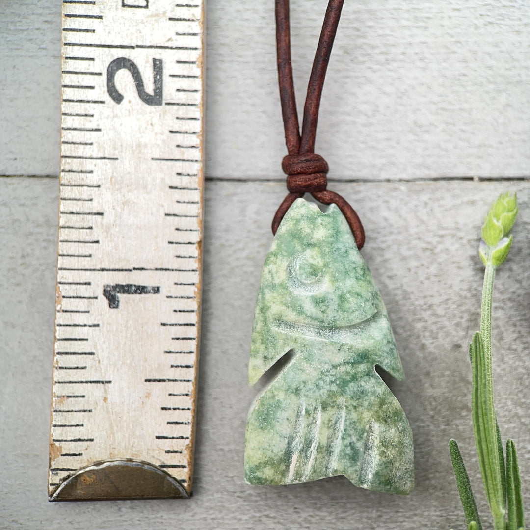 Jade Fish Necklace - Carved Green Jade & Rustic Brown Leather Necklace -Gift for Him or Her - SunlightSilver