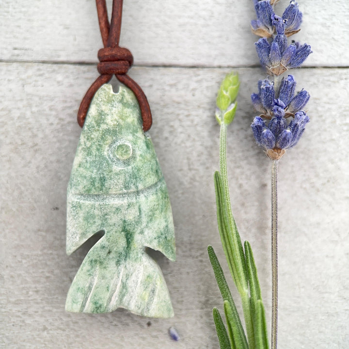 Jade Fish Necklace - Carved Green Jade & Rustic Brown Leather Necklace -Gift for Him or Her - SunlightSilver