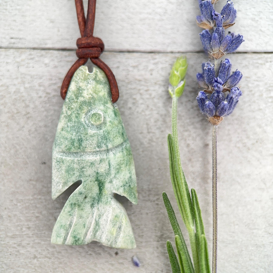 Jade Fish Necklace - Carved Green Jade & Rustic Brown Leather Necklace -Gift for Him or Her - SunlightSilver