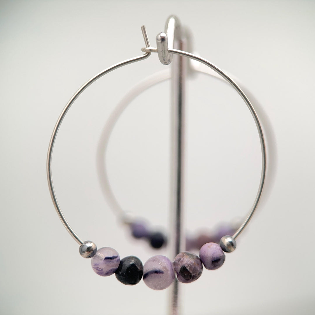 Tiffany Stone & Navajo Pearl Earrings | Sterling Silver Hoops | Utah Purple Gemstone Jewelry - SunlightSilver