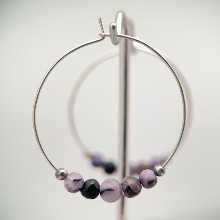Tiffany Stone & Navajo Pearl Earrings | Sterling Silver Hoops | Utah Purple Gemstone Jewelry - SunlightSilver