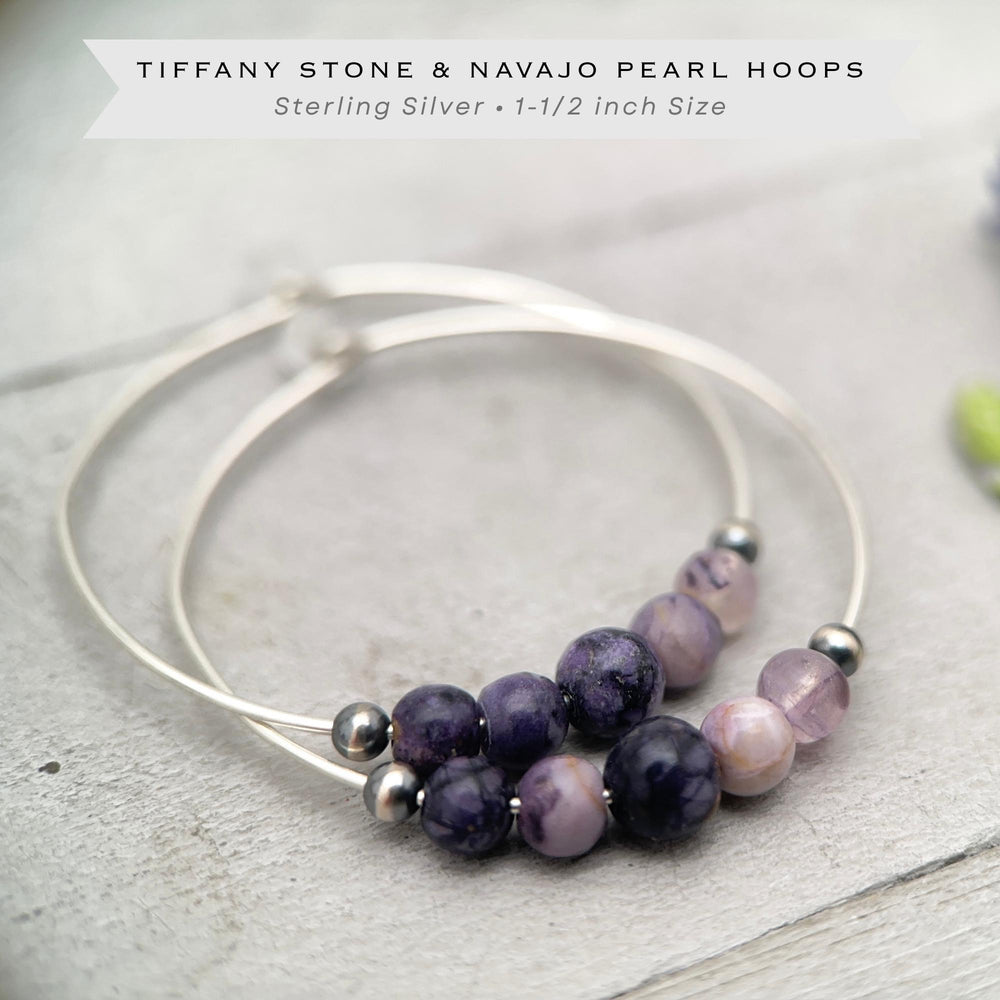 Tiffany Stone & Navajo Pearl Earrings | Sterling Silver Hoops | Utah Purple Gemstone Jewelry - SunlightSilver