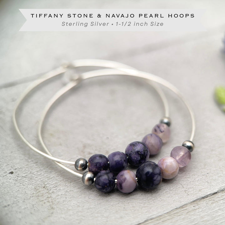 Tiffany Stone & Navajo Pearl Earrings | Sterling Silver Hoops | Utah Purple Gemstone Jewelry - SunlightSilver