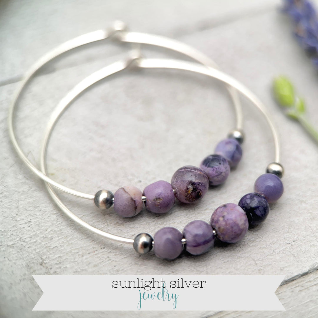 Tiffany Stone & Navajo Pearl Earrings | Sterling Silver Hoops | Utah Purple Gemstone Jewelry - SunlightSilver