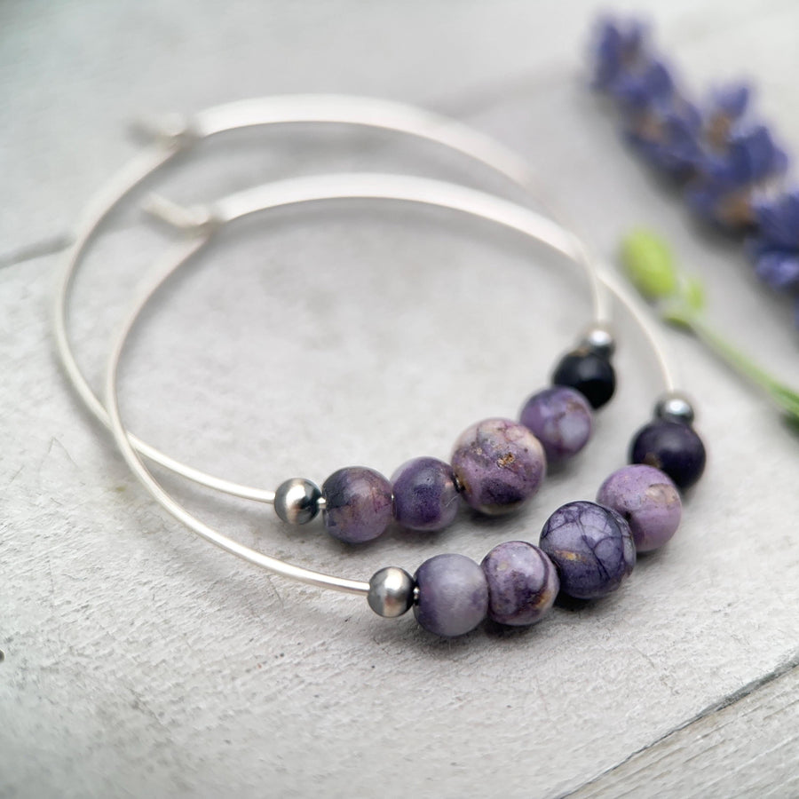Tiffany Stone & Navajo Pearl Earrings | Sterling Silver Hoops | Utah Purple Gemstone Jewelry - SunlightSilver