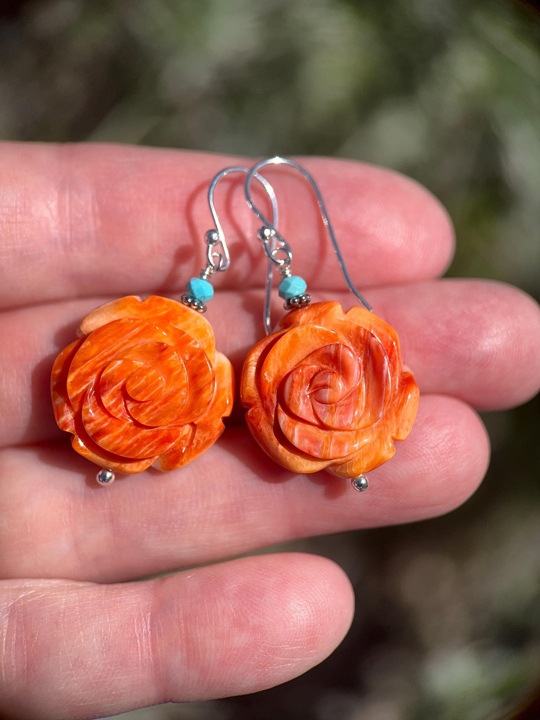 Spiny Oyster & Turquoise Earrings - Sterling Silver – Orange-Red Carved Shell Rose Flower Jewelry - SunlightSilver