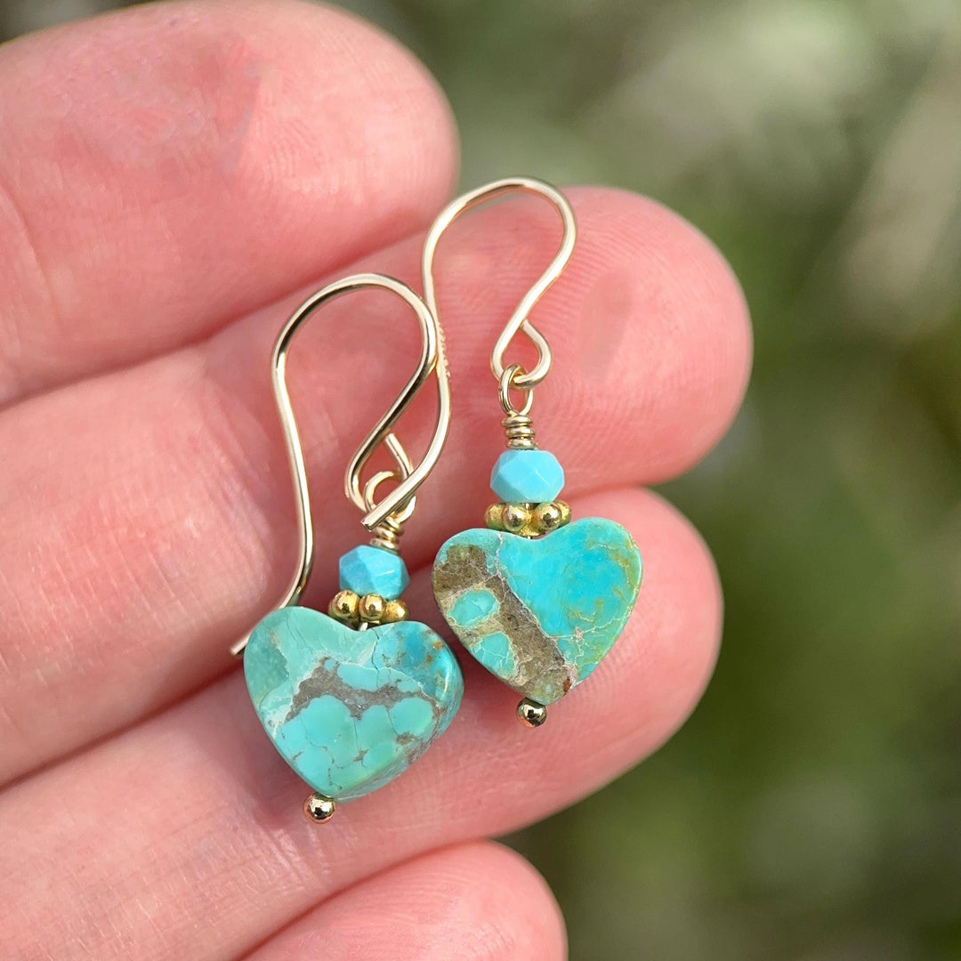 Kingman Turquoise Heart Earrings 14k Gold Fill | Arizona Turquoise Jewelry | Southwestern Gold Heart Earrings - SunlightSilver