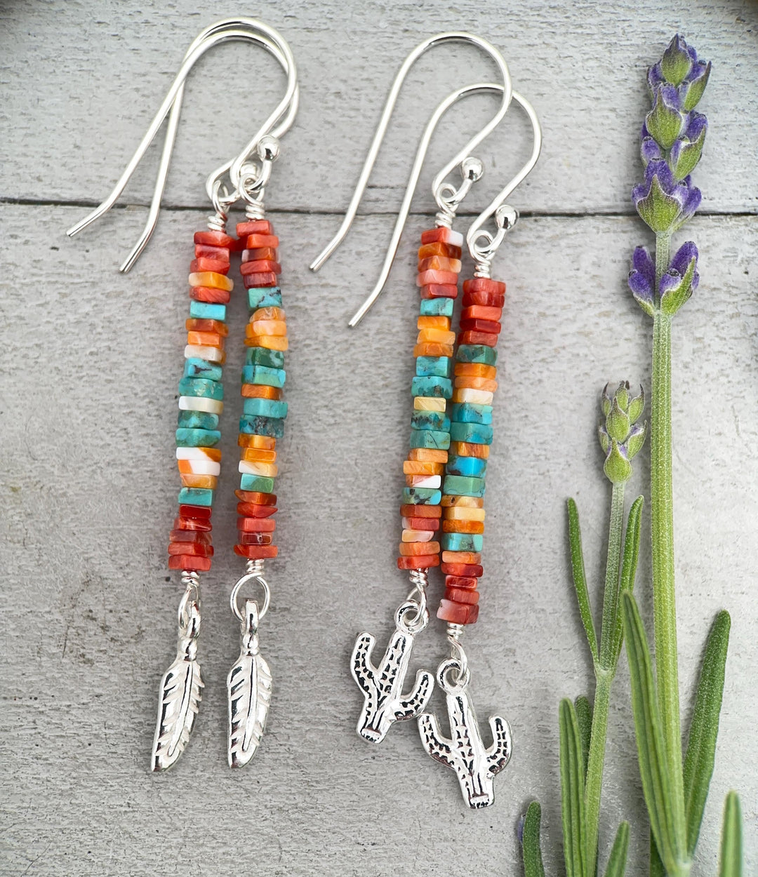 Spiny Oyster & Turquoise Earrings | Sterling Silver Feathers | Blue, Orange, Red Shell - SunlightSilver