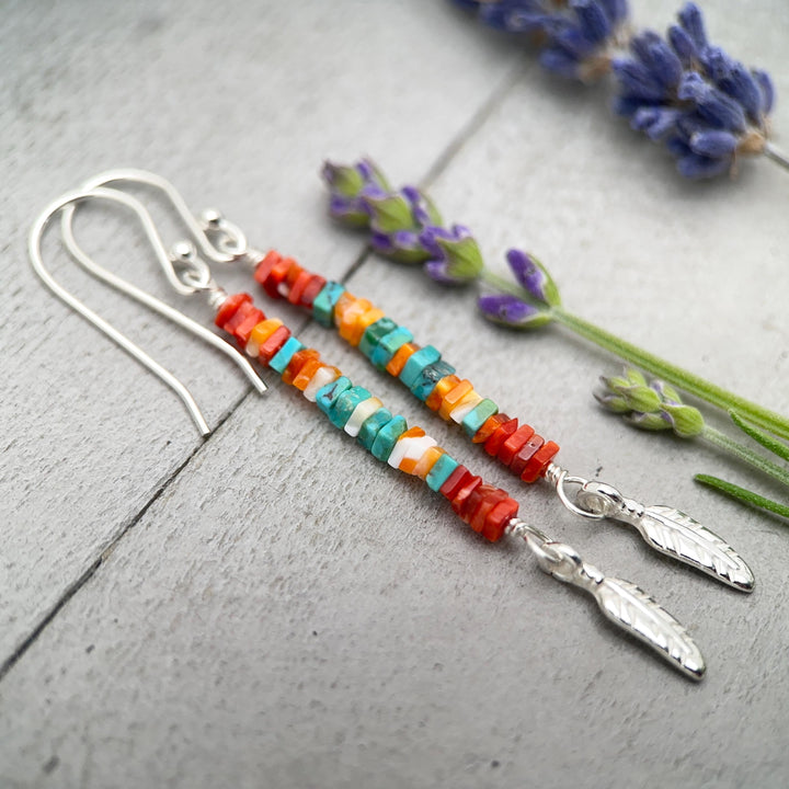 Spiny Oyster & Turquoise Earrings | Sterling Silver Feathers | Blue, Orange, Red Shell - SunlightSilver