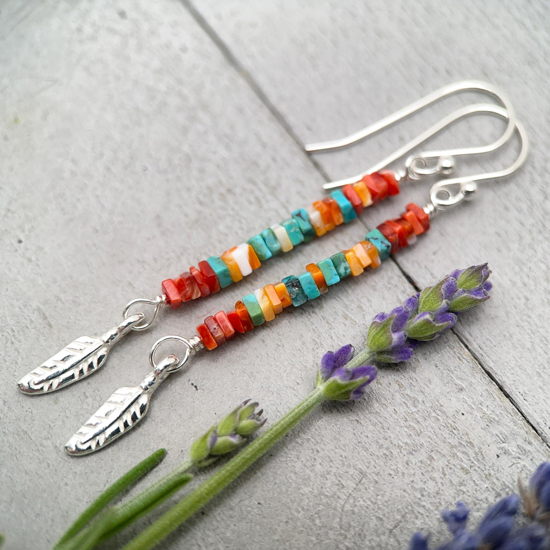 Spiny Oyster & Turquoise Earrings | Sterling Silver Feathers | Blue, Orange, Red Shell - SunlightSilver