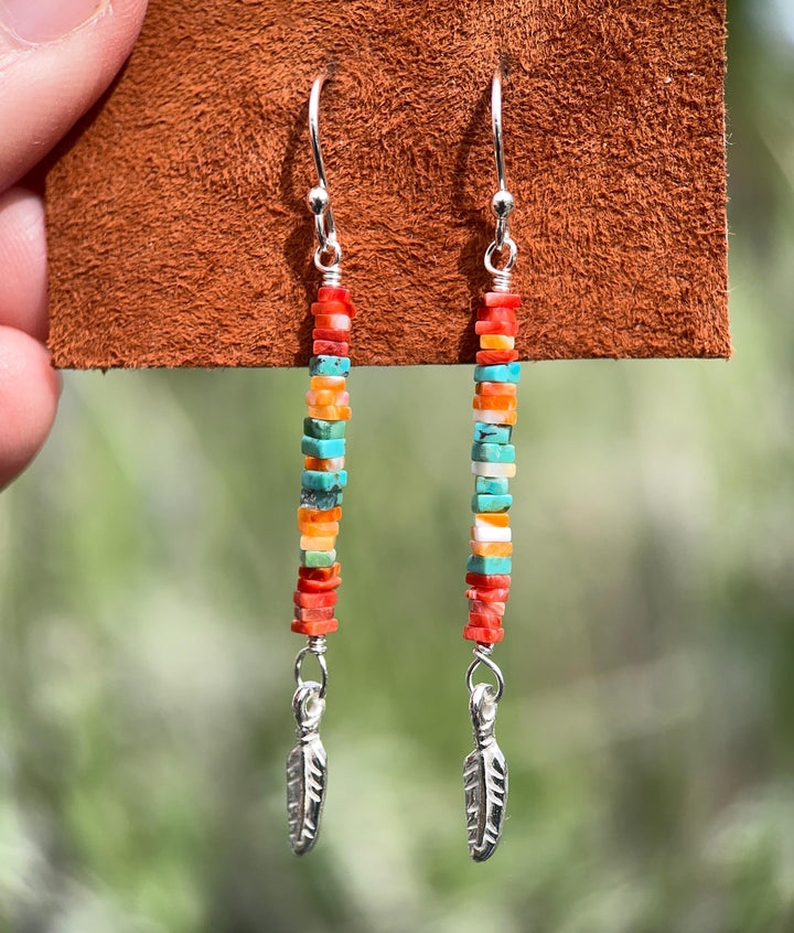 Spiny Oyster & Turquoise Earrings | Sterling Silver Feathers | Blue, Orange, Red Shell - SunlightSilver