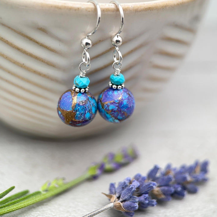 Kingman Mohave Turquoise Earrings | Sterling Silver | Purple Dahlia Spiny Oyster Shell Jewelry - SunlightSilver