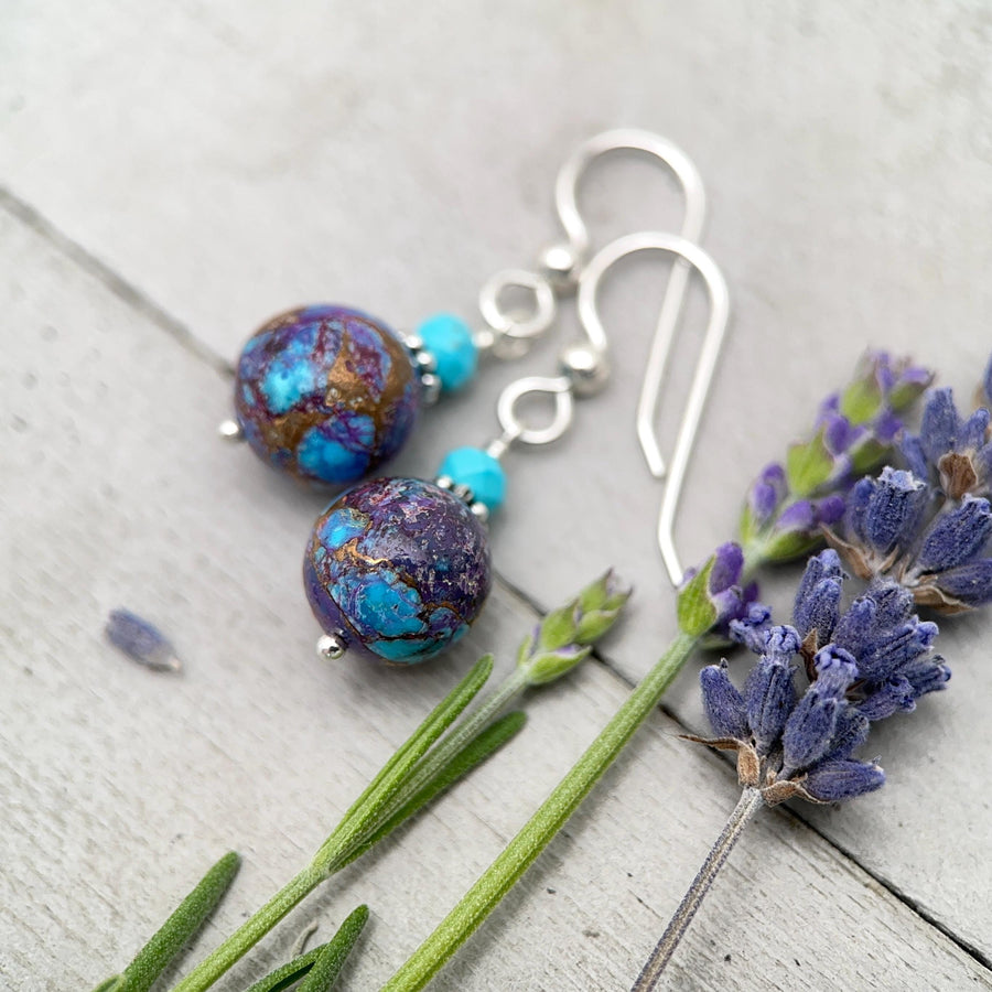 Kingman Mohave Turquoise Earrings | Sterling Silver | Purple Dahlia Spiny Oyster Shell Jewelry - SunlightSilver